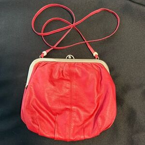 Vintage Made In Italy Genuine Leather Red Kiss Lock Frame Crossbody Shoulder Bag